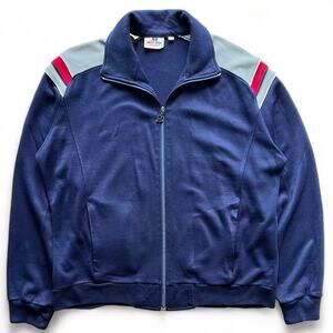 Vintage 80s Men's White Stag Navy Blue Full Zip Track Jacket Tracksuit Striped L